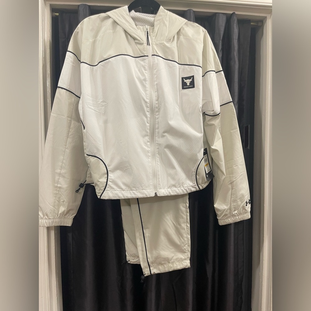 Under ARMOUR Project Rock White Hooded Track Suit with Black Accents. NWT